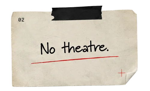 Handschriftliche Notiz auf Papier: „No theatre."
