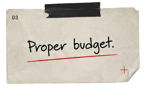 Handschriftliche Notiz auf Papier: „Proper budget."